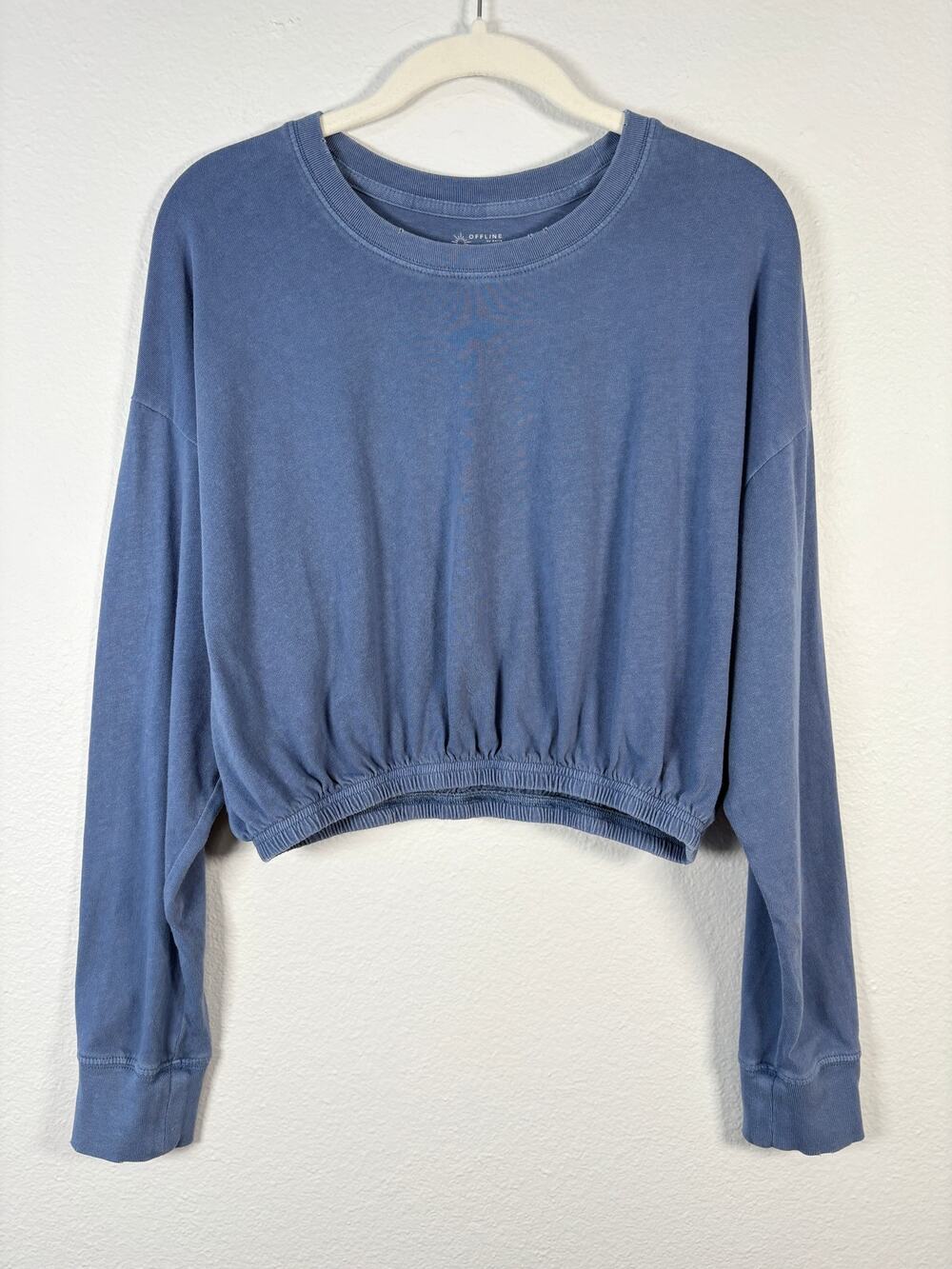 Offline By Aerie Oversized Lightly Distressed Blue Long Sleeve Crop Cinched Tee